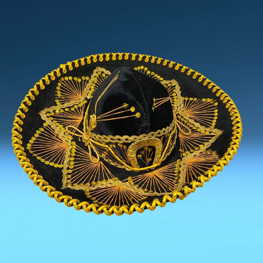 Vintage Pigalle Mexican Sombrero Mariachi Hat Black Gold 18